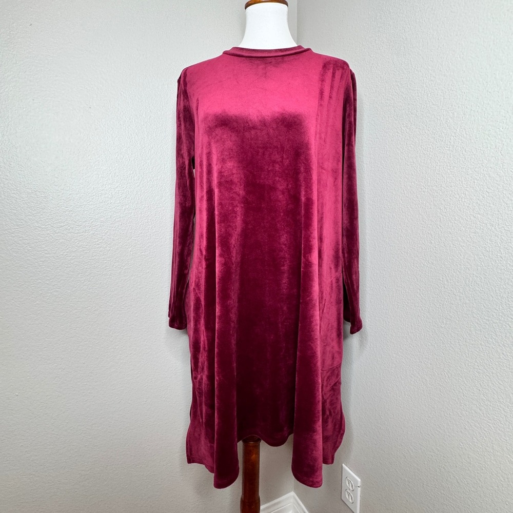 J. JILL PURE JILL Velour Velvet‎ Swing A-Line Tunic Dress LG Wine Red Pockets